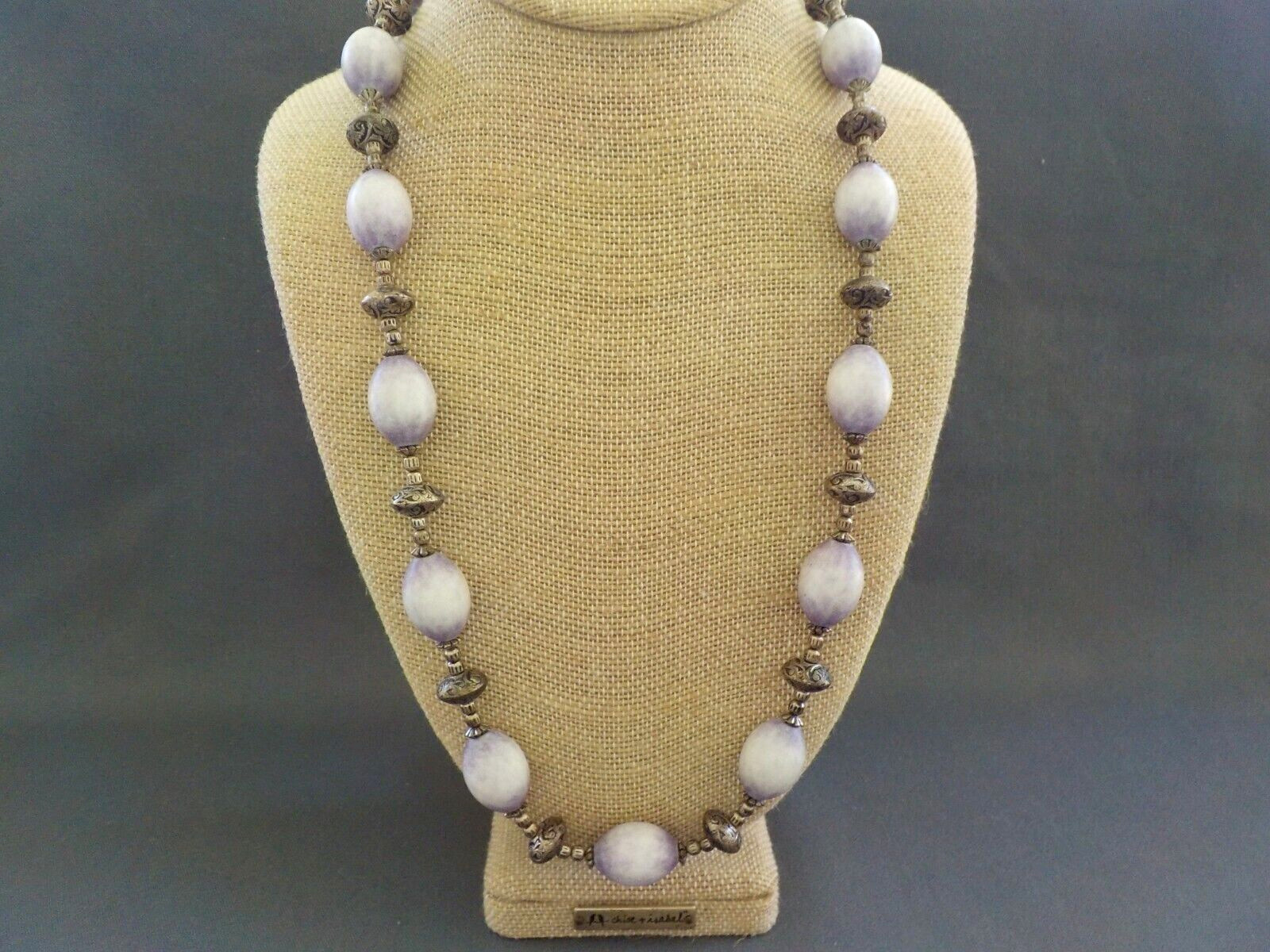 Purple Off White Oval Bead Plastic Necklace Silver Tone Metal Clasp