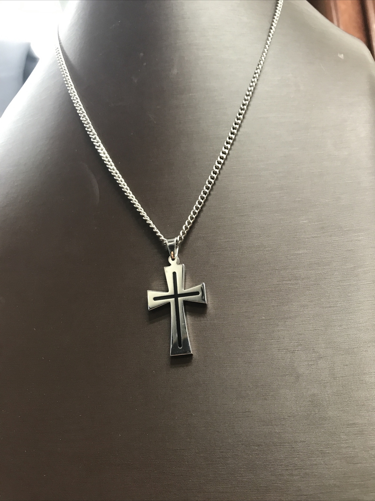 2” Black Enamel Cross With 3.75mm Wide 24” Necklace All Stainless Steel