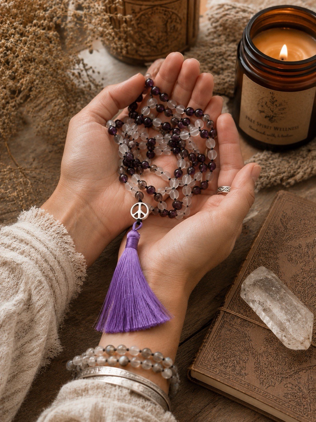 Amethyst & Clear Fluorite Mala Necklace | Spiritual Yoga Jewelry