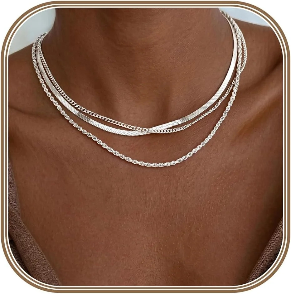 S925 Sterling Silver Plated Necklace Stack for Women,Waterproof Silver Layered H