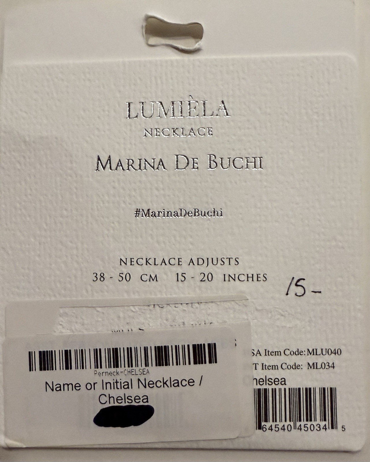 CHELSEA LUMIELA NAME NECKLACE MARINA DE BUCHI ADJUSTABLE LENGTH NICKEL FREE