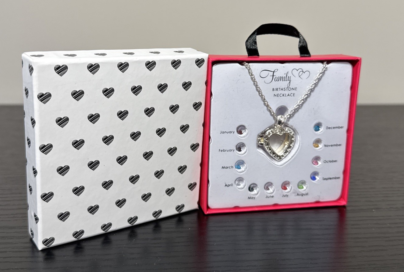 Silver Tone Family Birthstone Chain Necklace w Heart Locket Pendant NIB