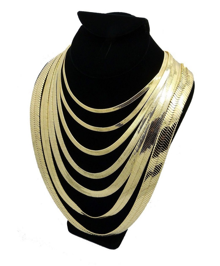 Herringbone Chain Necklace 14k Gold Plated 3mm to 14mm wide 16″ 18″ 20″ 24″ 30″