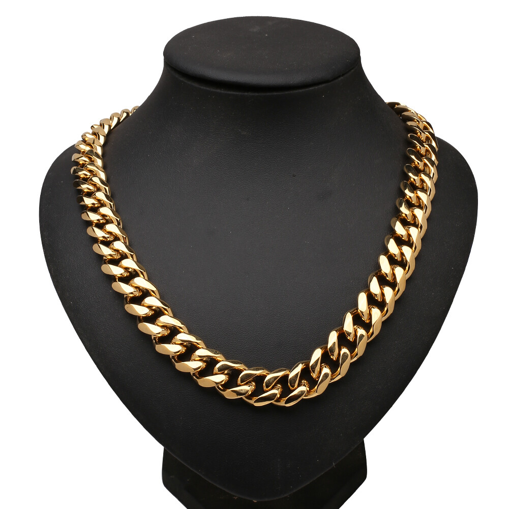 8/10/12/15/17/19mm Stainless Steel Gold Tone Chain Cuban Curb Men Women Necklace