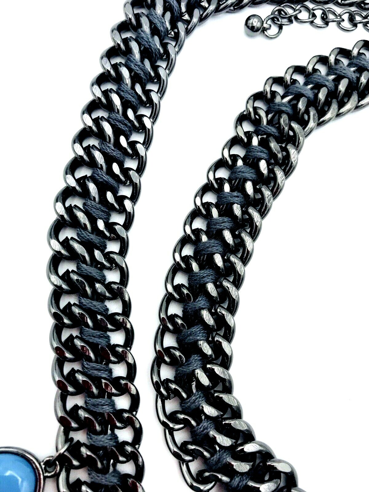 Woven Double Black Curb Chain Blue Cabochon Statement Necklace