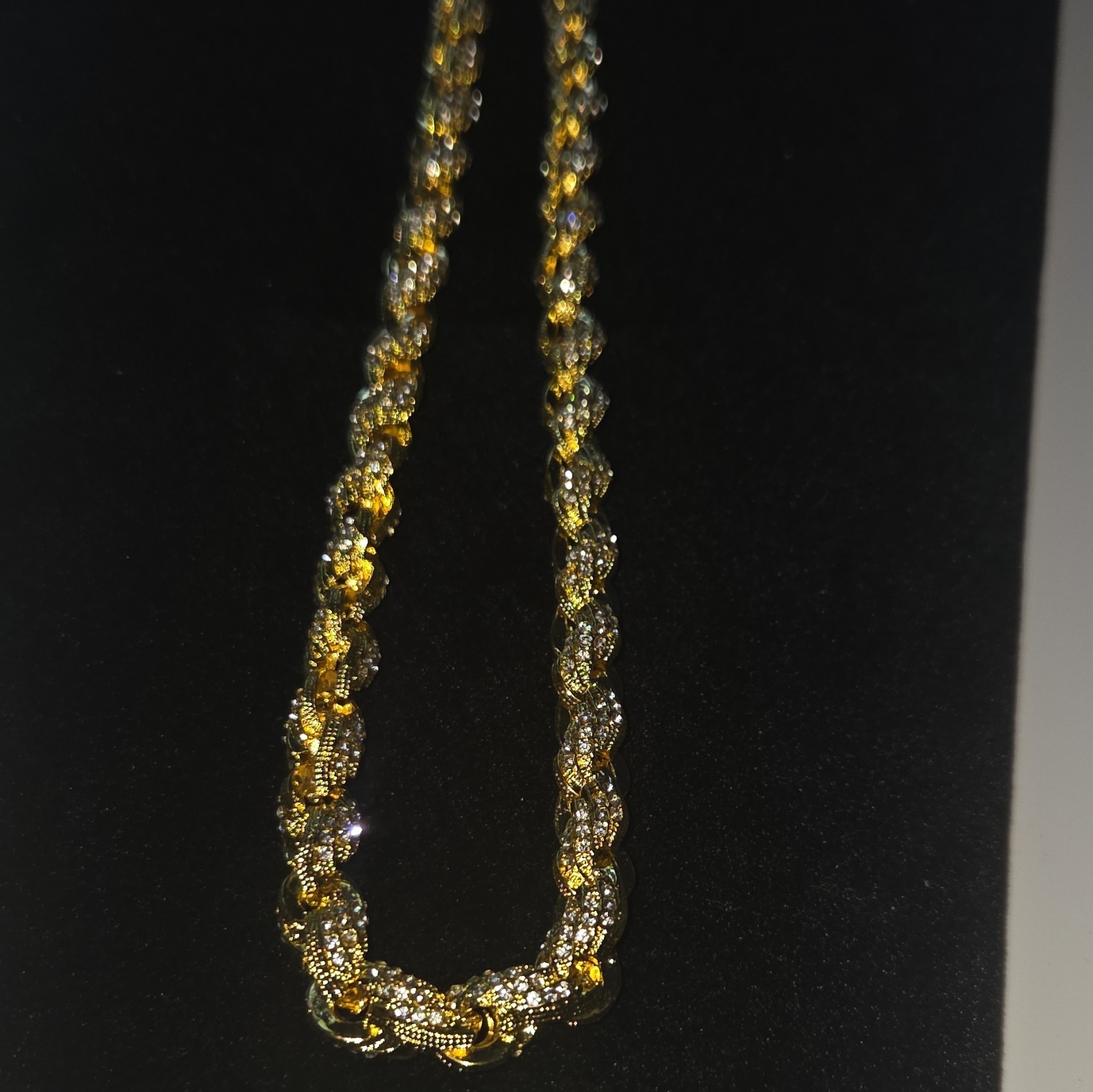Gold Tone Rope Chain Necklace Clear Stones Rhinestones Lobster Clasp