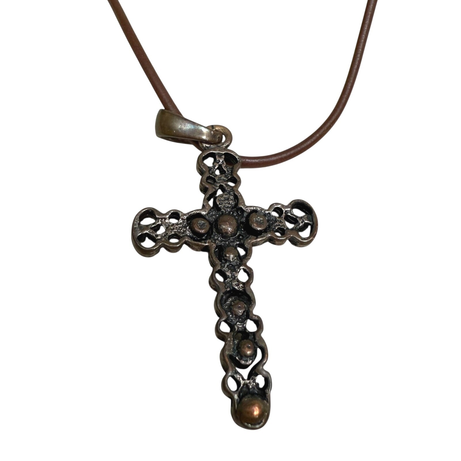 Relativity Bronze Rhinestone Accent Cross Pendant Necklace Brown Cord Chain 10in