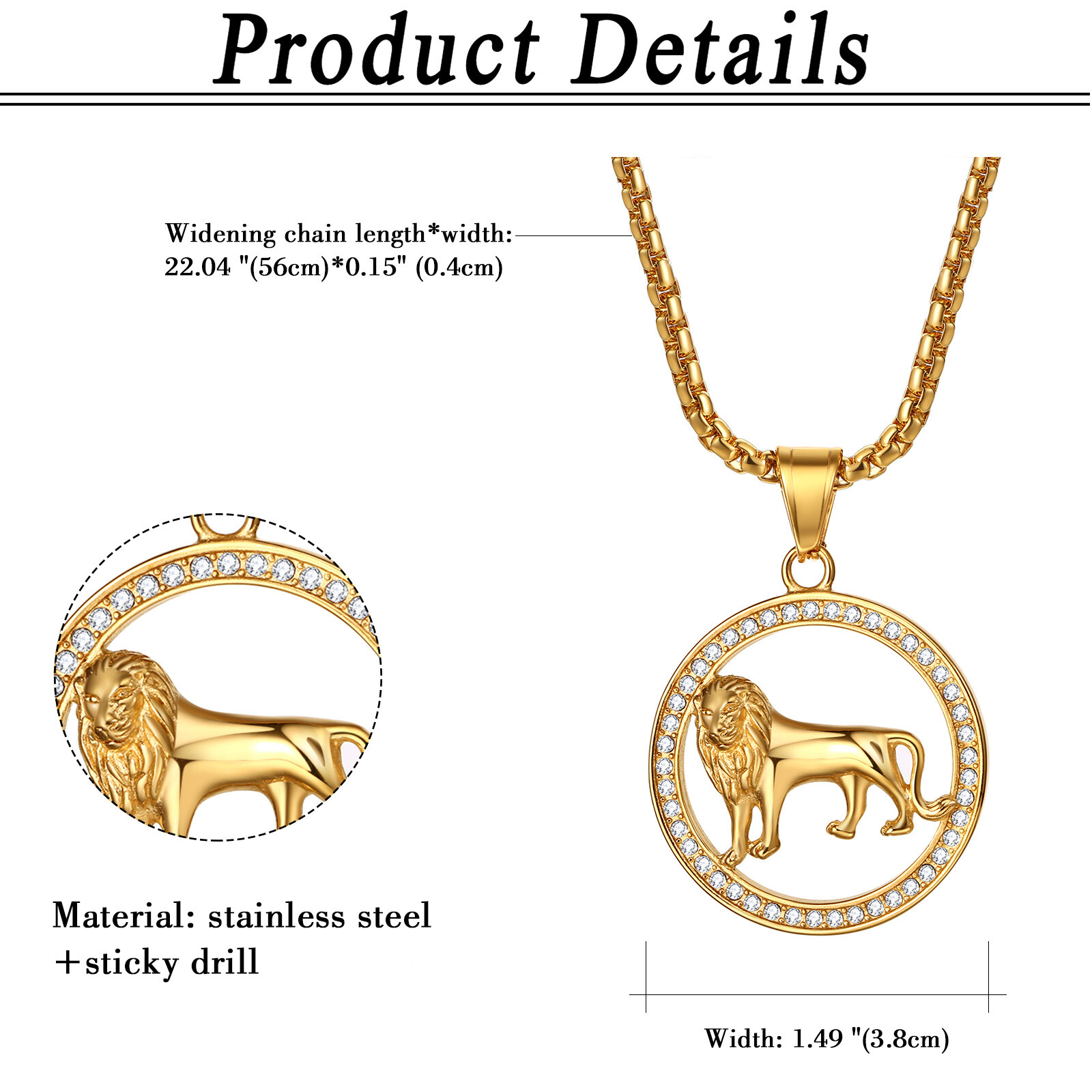 Mens Boys Hip Hop Gold Tone Lion Head Stainless Steel Pendant Necklace Chain 22″