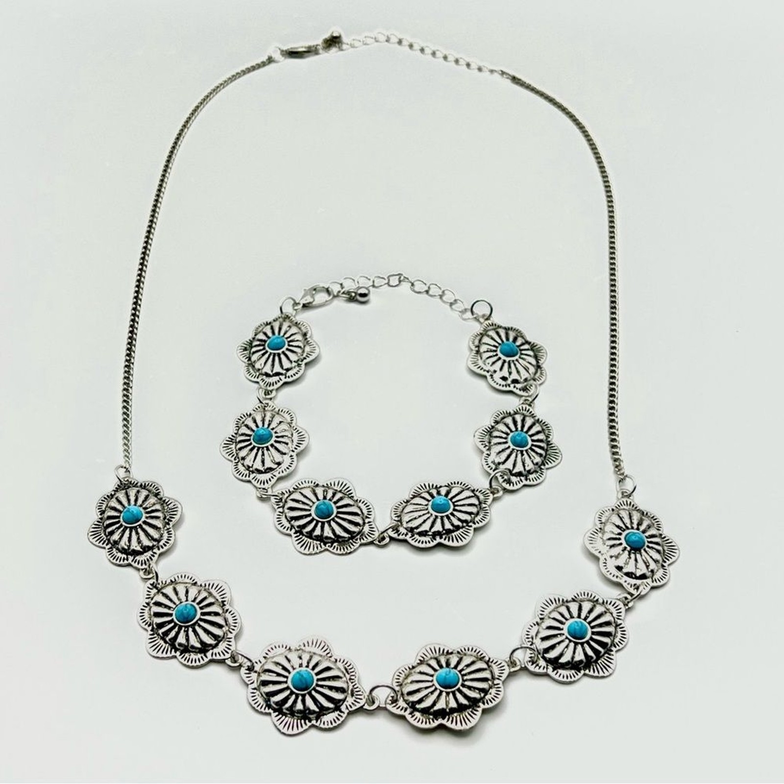 Boho Silver-Tone Turquoise Flower Necklace & Bracelet Set