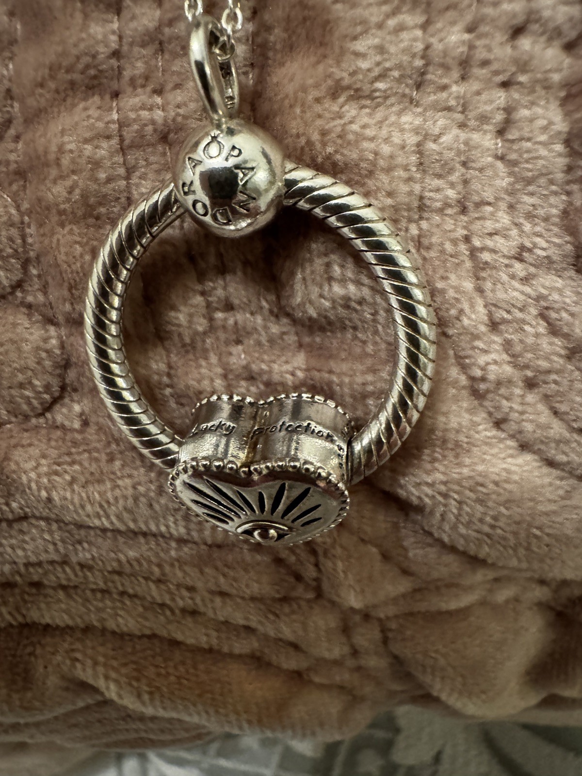 Genuine Pandora Small O Pendant Charm Holder 398296 + charm + necklace size 70cm