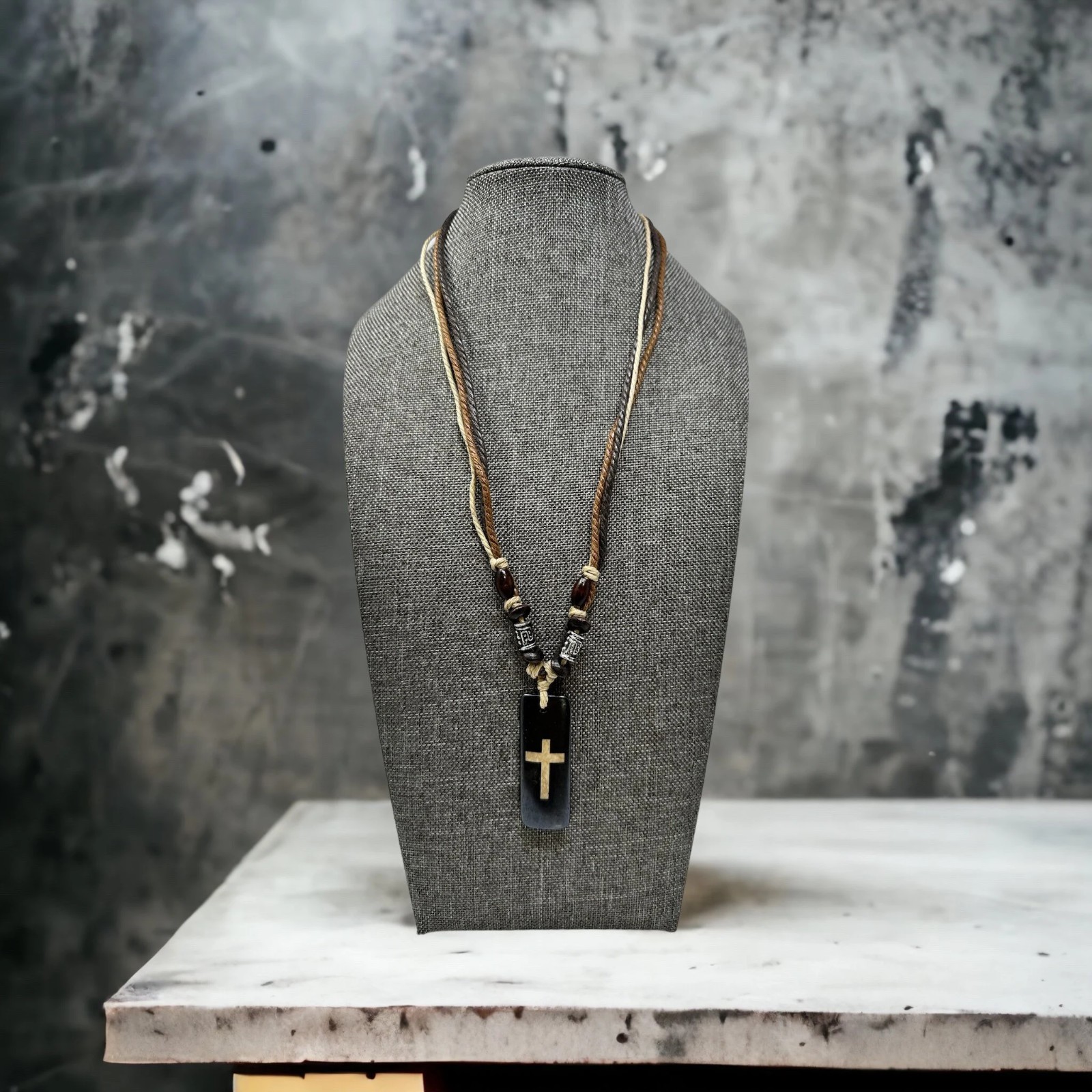 Boho Brown Cross Necklace Resin Pendant 1.75” | Multi Strand Earthy Cord