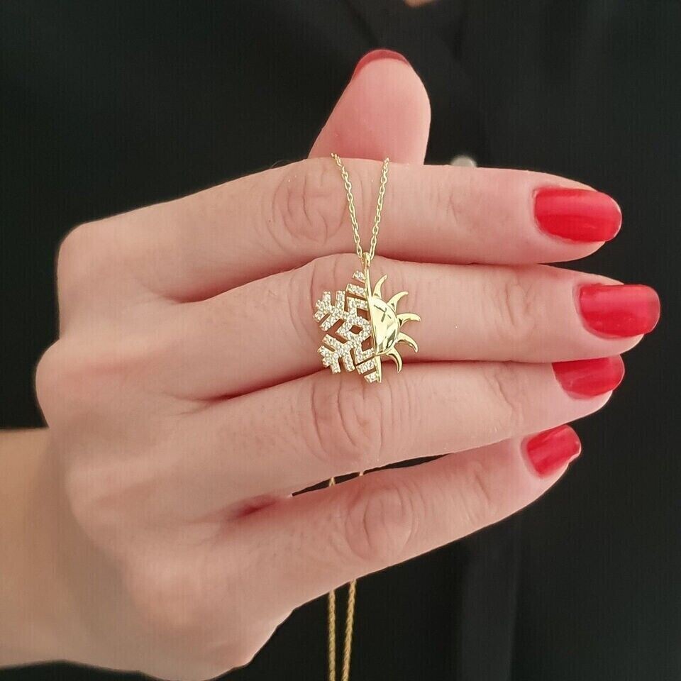 Stunning Snowflake & Sun Pendant Round Simulated Diamond 14k Yellow Gold Plated
