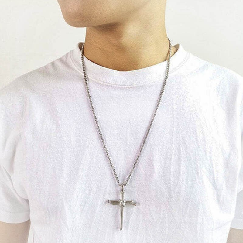 Boys Mens Christ Jesus Nail Crucifix Cross Pendant Necklace With 24 Inch Chain