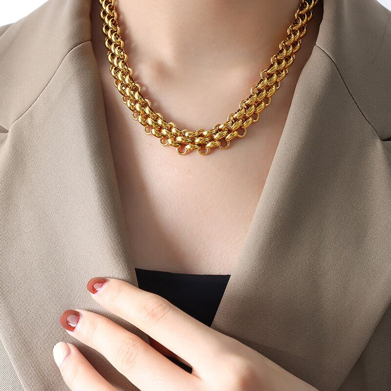 Woman 18k Gold Plated Stainless Steel Wide Thick Link Chain Toggle Bracelet