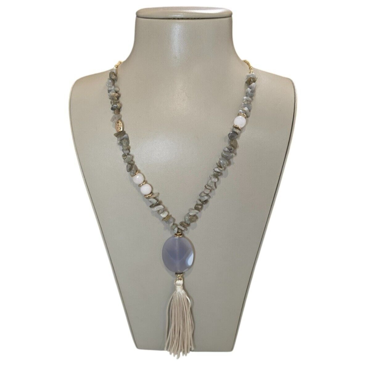 Anthropologie Women’s Gray Stone Beaded Gold Tone Tassel Necklace NWT