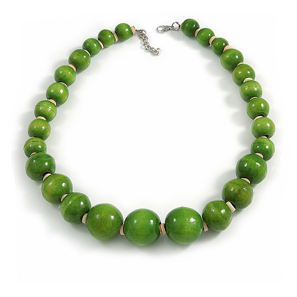 Chunky Graduated Lime Green Wood Bead Necklace – 48cm L/ 3cm Ext
