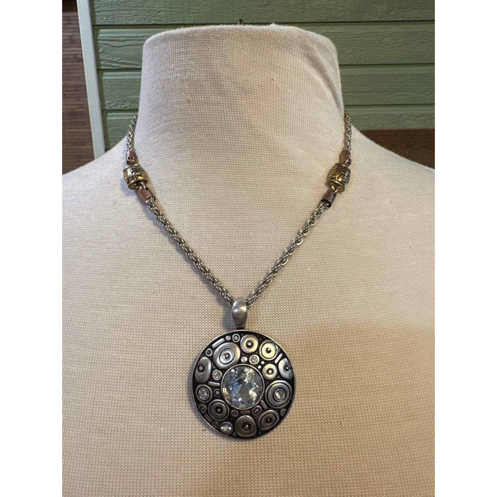 Statement Silver Tone Pendant Necklace with Gold and Copper Beads Mixed Metal