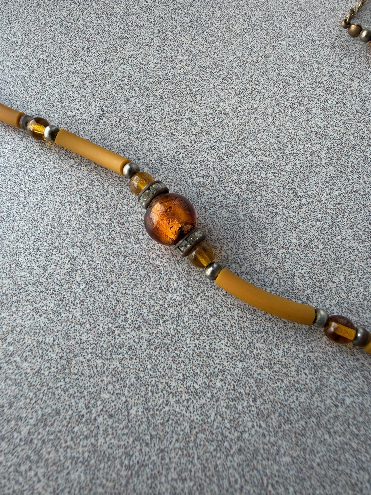 Yellow Cord Murano Glass Bead Necklace Amber Round Center Lobster Extender