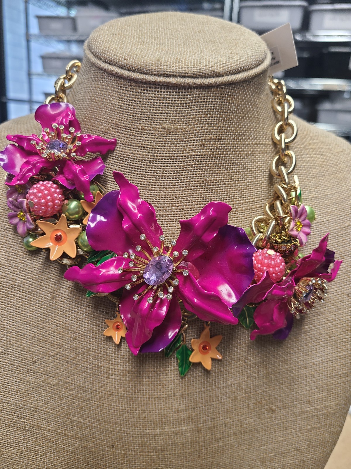 Betsey Johnson Garden Floral Orchid Statement Bib Necklace Gold Plated NWT