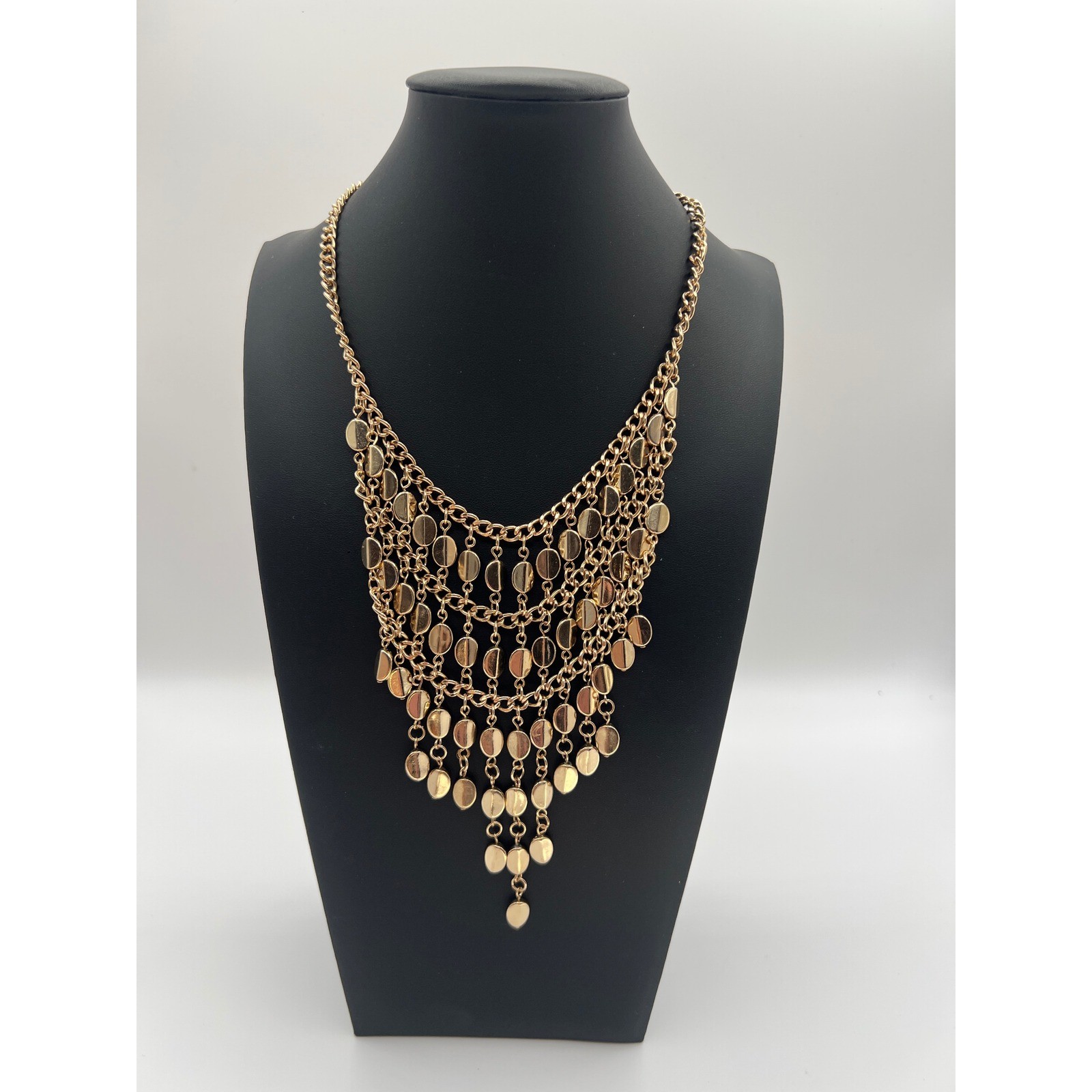Punch Gold Tone Multi Layer Draped Disc Bib Necklace Statement Fringe Jewelry