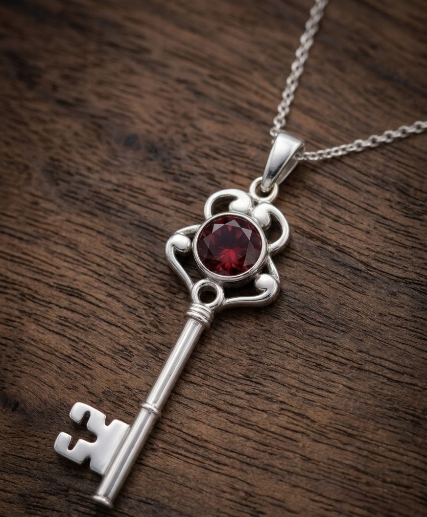 Natural Garnet Gemstone Key Brass Pendent Unique Design Comes With Chain
