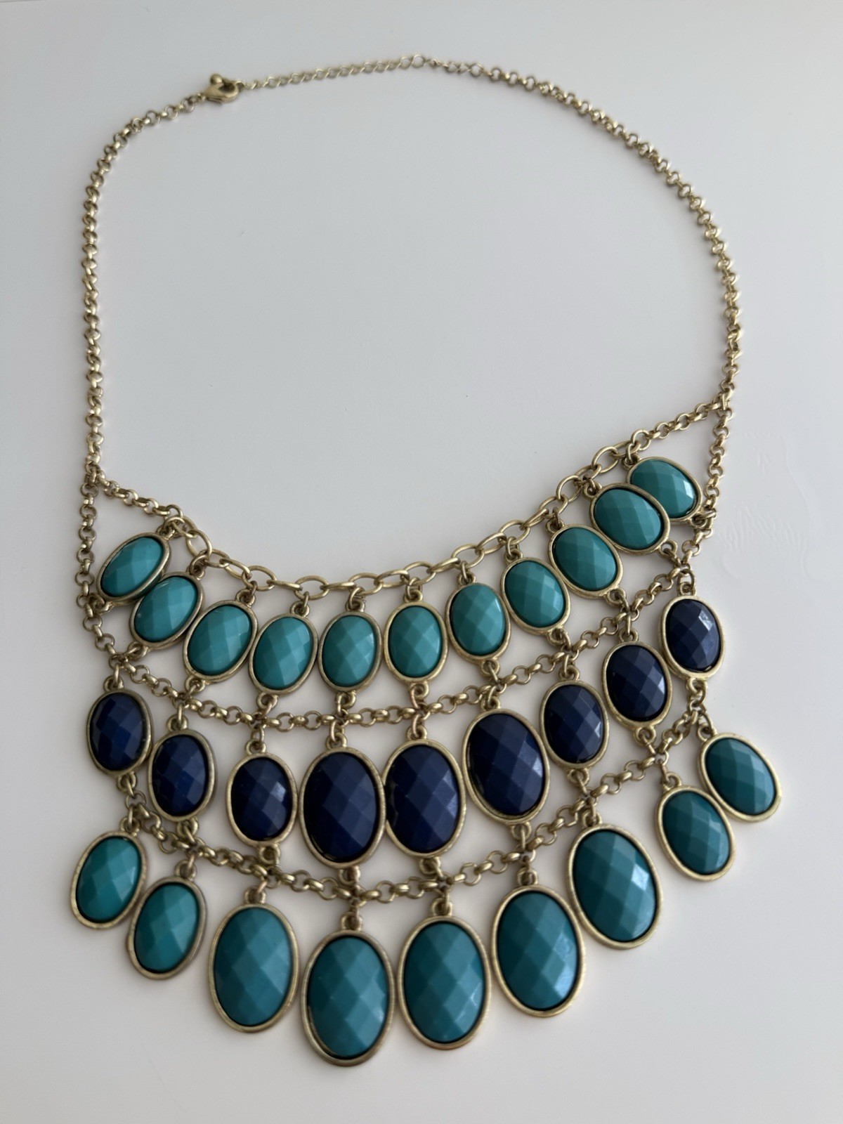 Blue Teal Gold Layered Costume Necklace Good Condition