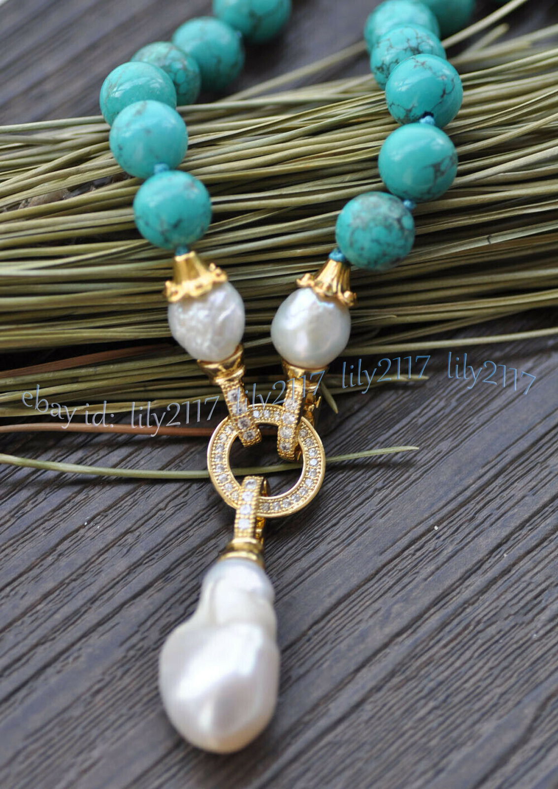 Natural Green Turquoise Gems Beaded White Keshi Baroque Pearl Pendant Necklace