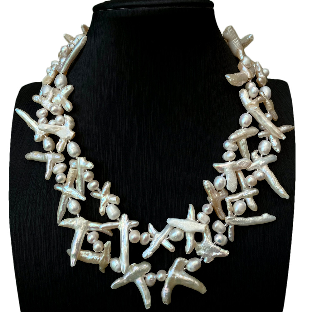 2 Rows White Cross Pearl Statement Necklace Designer Beads Jewelry Femme