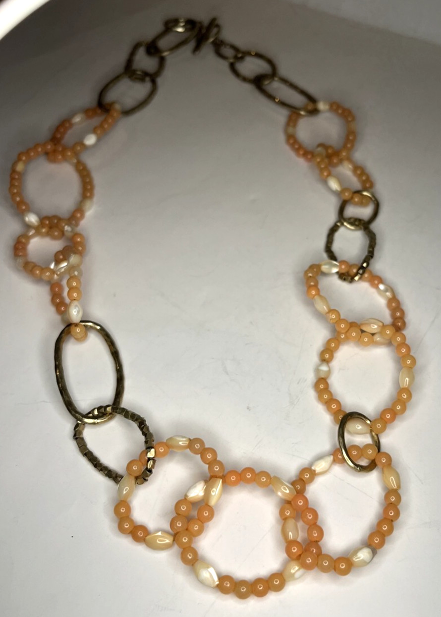 Sigrid Olsen Pink MOP Bead Gold Tone Link Necklace 28″ Good Condition Signed