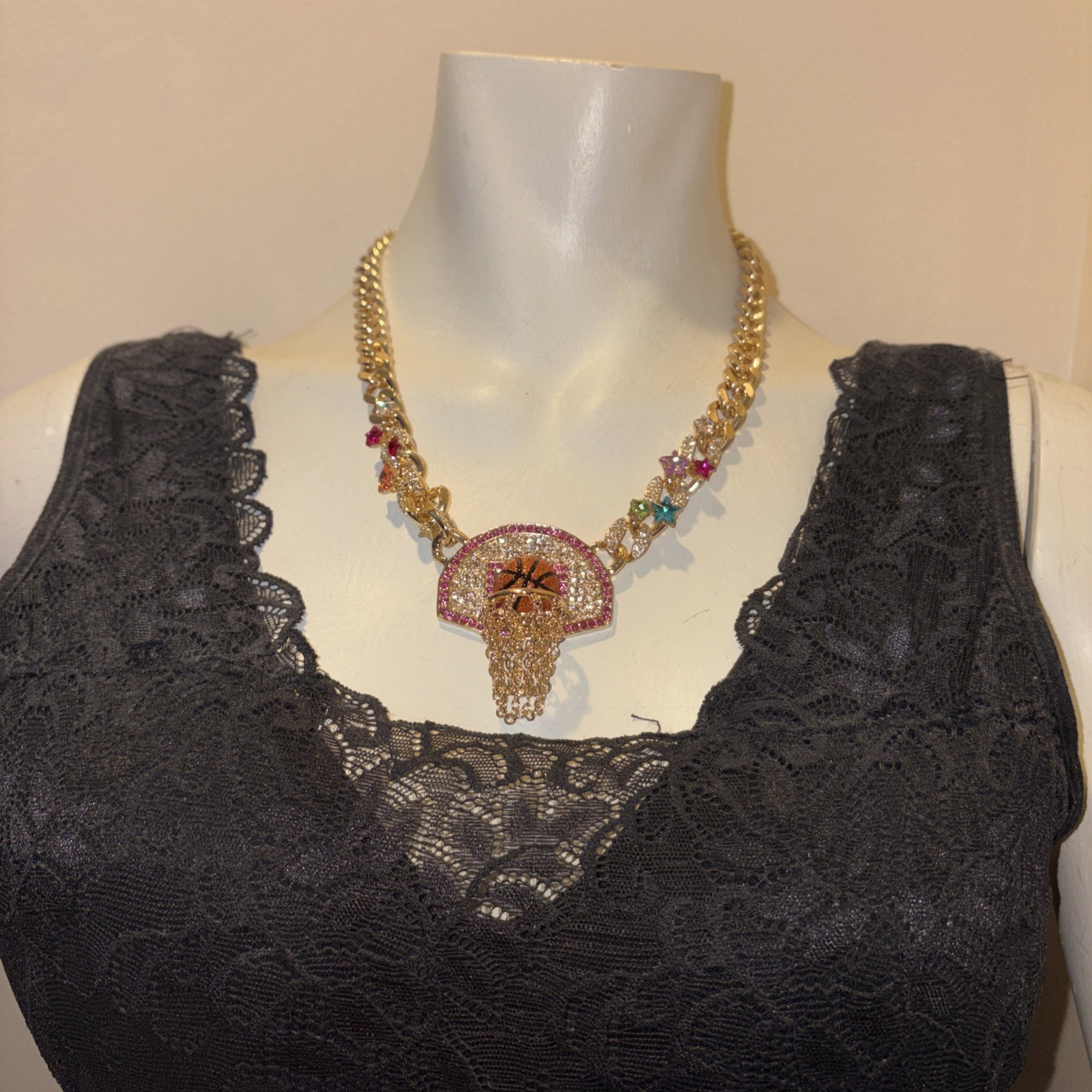 Betsey Johnson Necklace Gold Tone Basketball Hoop Drop With Orange Glitter Balls