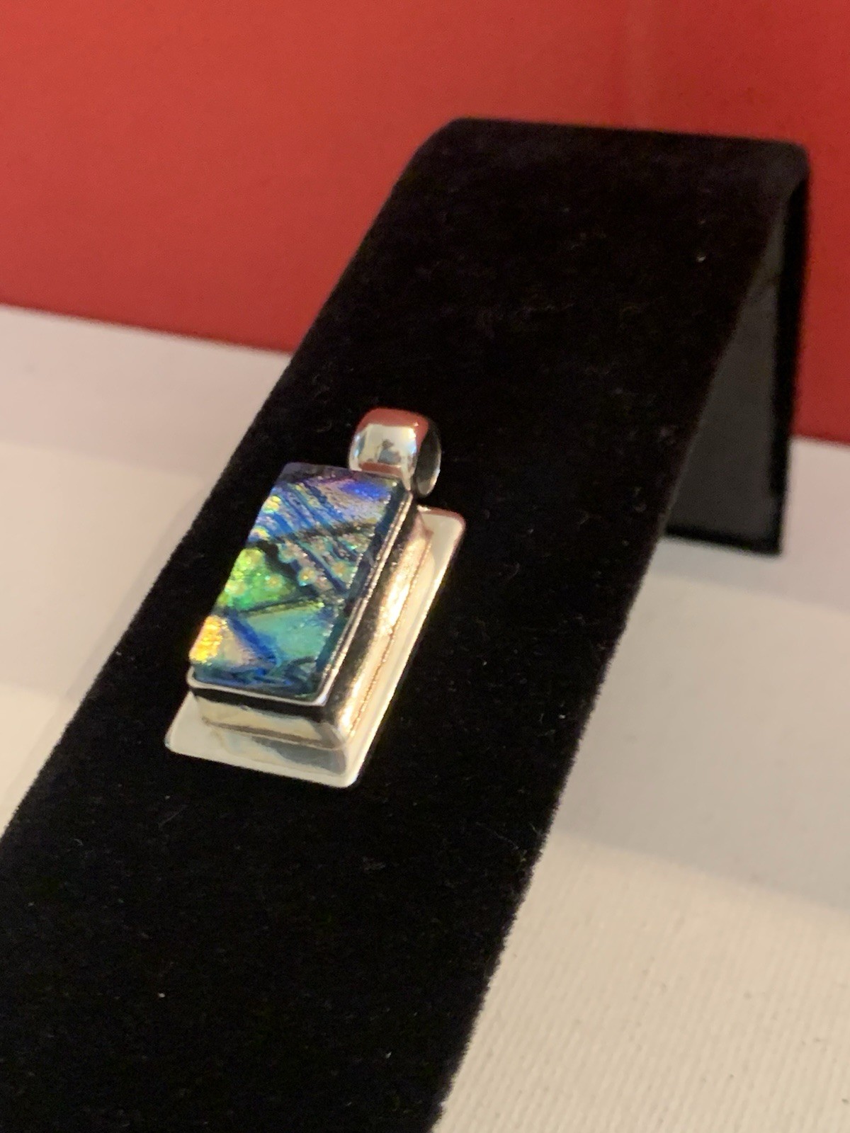 Vtg. Multi Color Dichroic Glass .925 Sterling Silver Pendant Rectangle- BinM