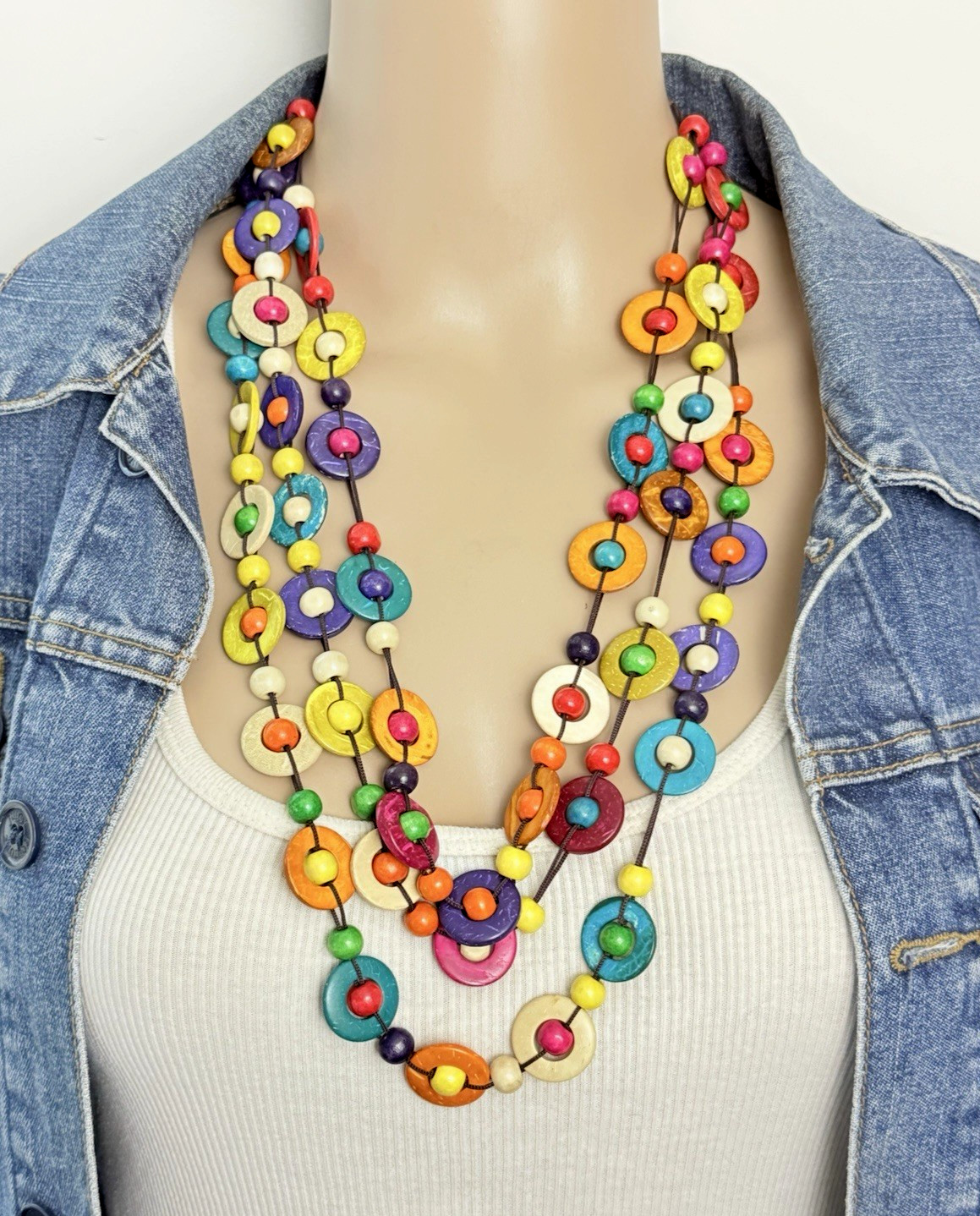Multicolor Layered BOHO Coconut Disc Wood Bead Necklace 27 in