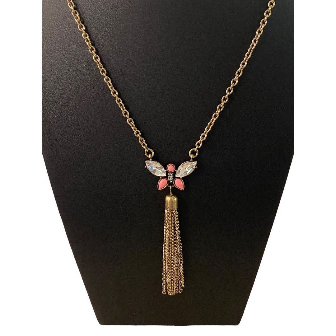 Goldtone Tassel Butterfly 31″ Necklace 3.75″ Drop Lobster Clasp