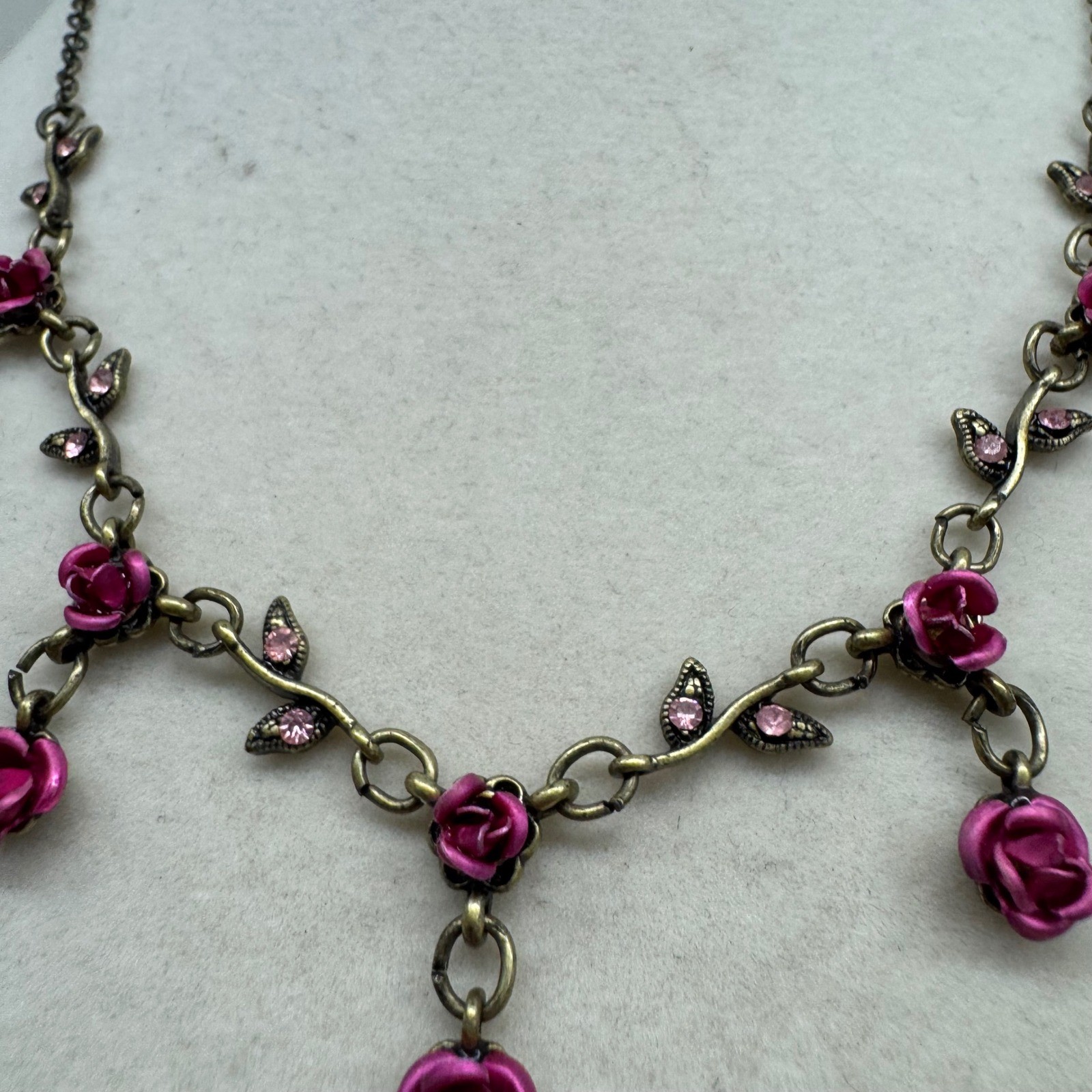 Vintage Style Antique Brass Magenta Rose Vine Rhinestone Floral Drop Necklace