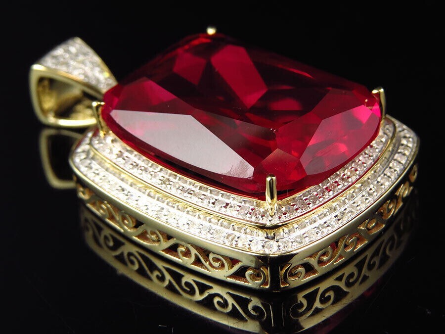 Cushion Simulated Red Ruby Women’s Stunning Fancy Pendant 14K Yellow Gold Plated