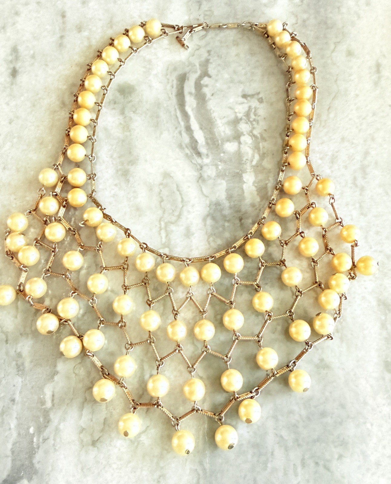 Gold Tone 1950s Vintage Faux Pearl Bib Necklace Statement Lattice Fringe Estate