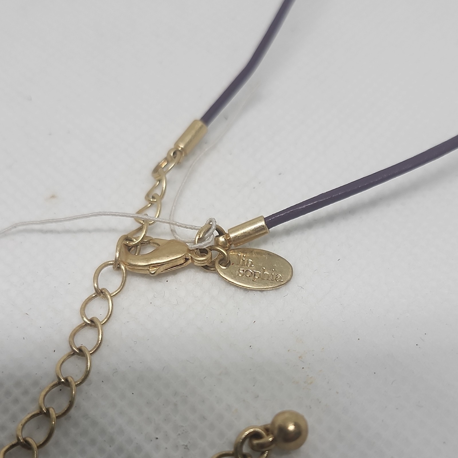 Lia Sophia Purple Cord Beaded Necklace Round Pendant Blue Square Stone Signed