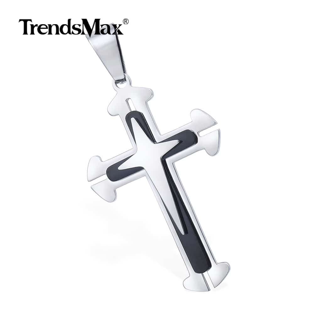 Mens Stainless Steel Cross Pendant Necklace 5MM 18″-30″ Silver/Black Cuban Chain