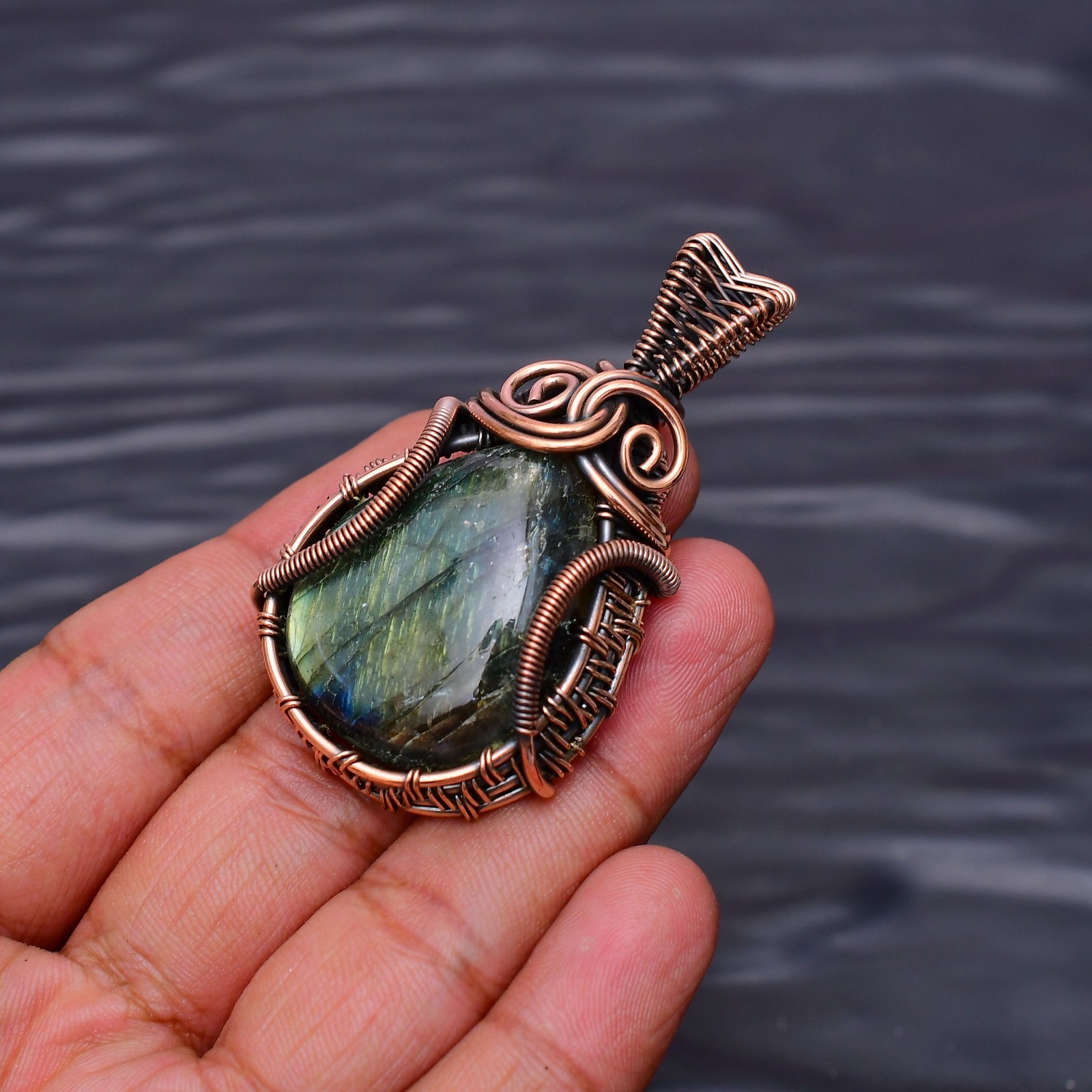 Labradorite Gemstone Copper Wire Wrapped Handmade Jewelry Pendant 2.08″