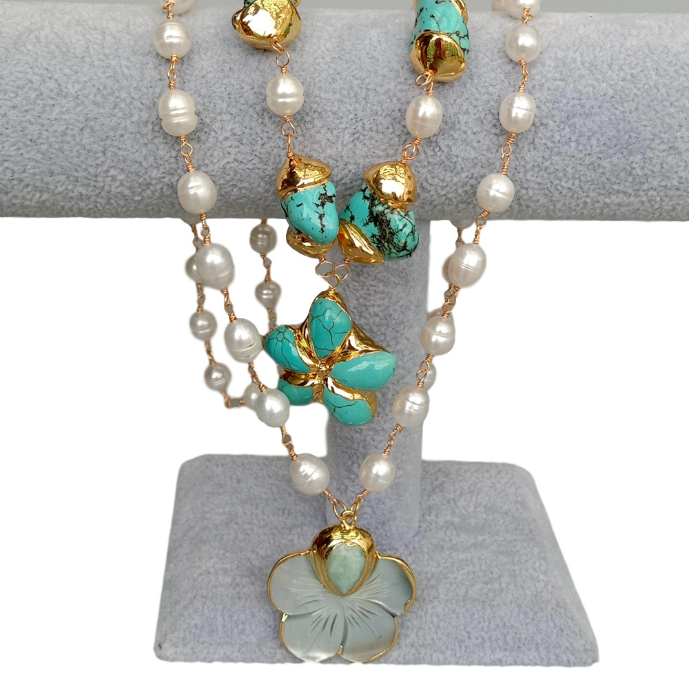 Cultured White Rice Pearl Blue Turquoise Necklace Shell Flower Pendant 19″