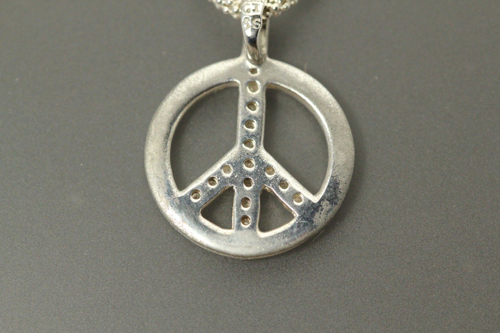 Diamond Peace Sign Sterling Silver Popcorn 18″ Chain 1.7mm wide 6.5g (NEC5823)