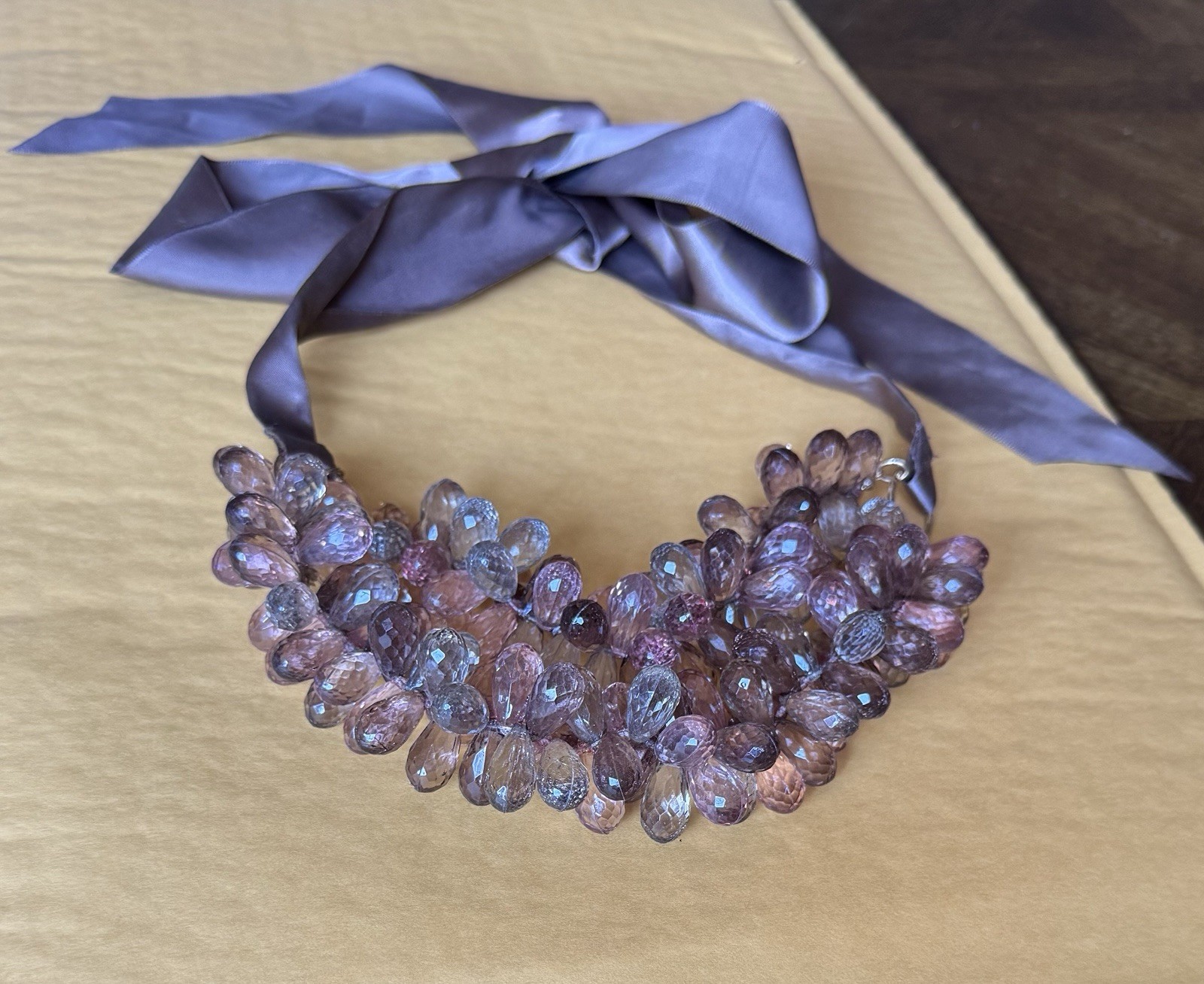 Statement Necklace Cluster Faceted Clear Purple Glass Gray Drop Beads Ribbon Tie