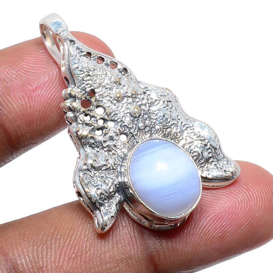 Namibian Blue Lace Agate 925 Silver Plated Pendant 1.46″ T2793