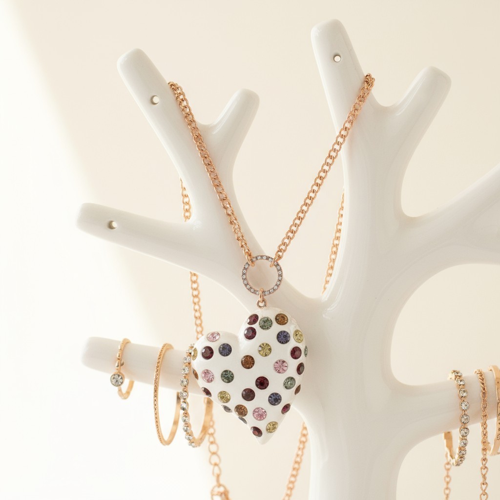 Betsey Johnson Multi-Colored Stone Lucite Heart Pendant Necklace Long Length