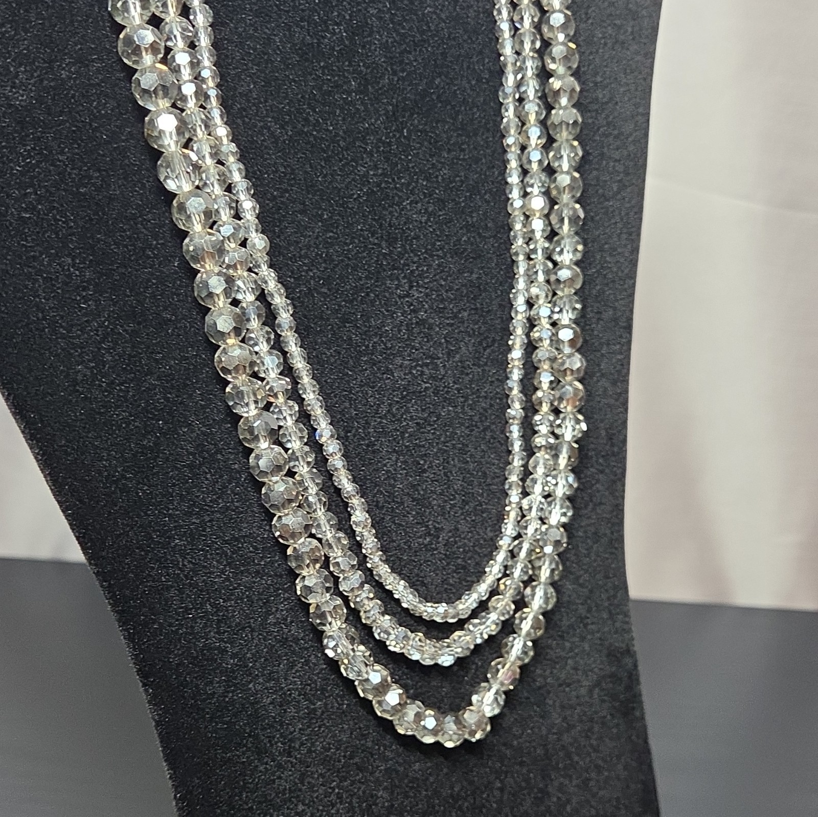 Lot of 3 Gold Tone Multi-Strand Beaded Necklaces Crystal & Glass Clear Gray