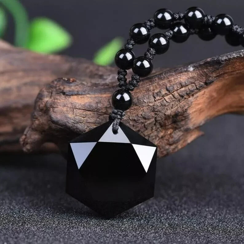 Black Obsidian Hexagonal Amulet Pendant Necklace – Reiki Healing Protection