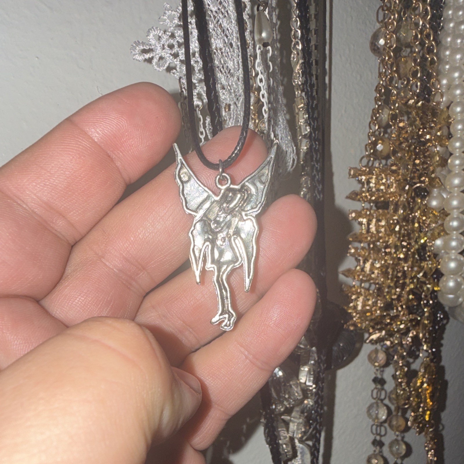 Silver-Tone Angel/Fairy Charm Pendant Necklace on Black Cord, No Stone