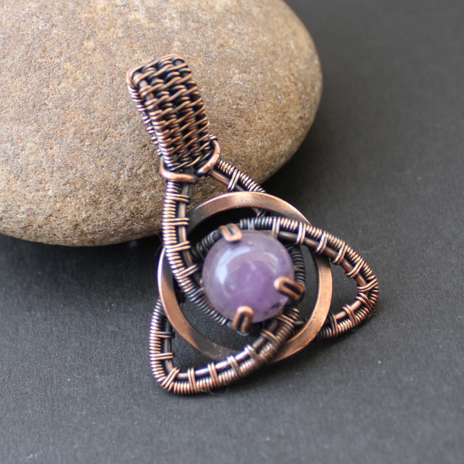 Amethyst Triquetra Circle Copper Wire Wrapped Pendant Celtic Knot Star Pendant