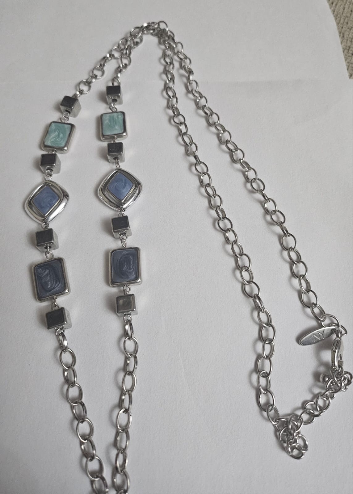 Vintage Long Geometric Statement Necklace Blue Gray Beaded Boho Pendant