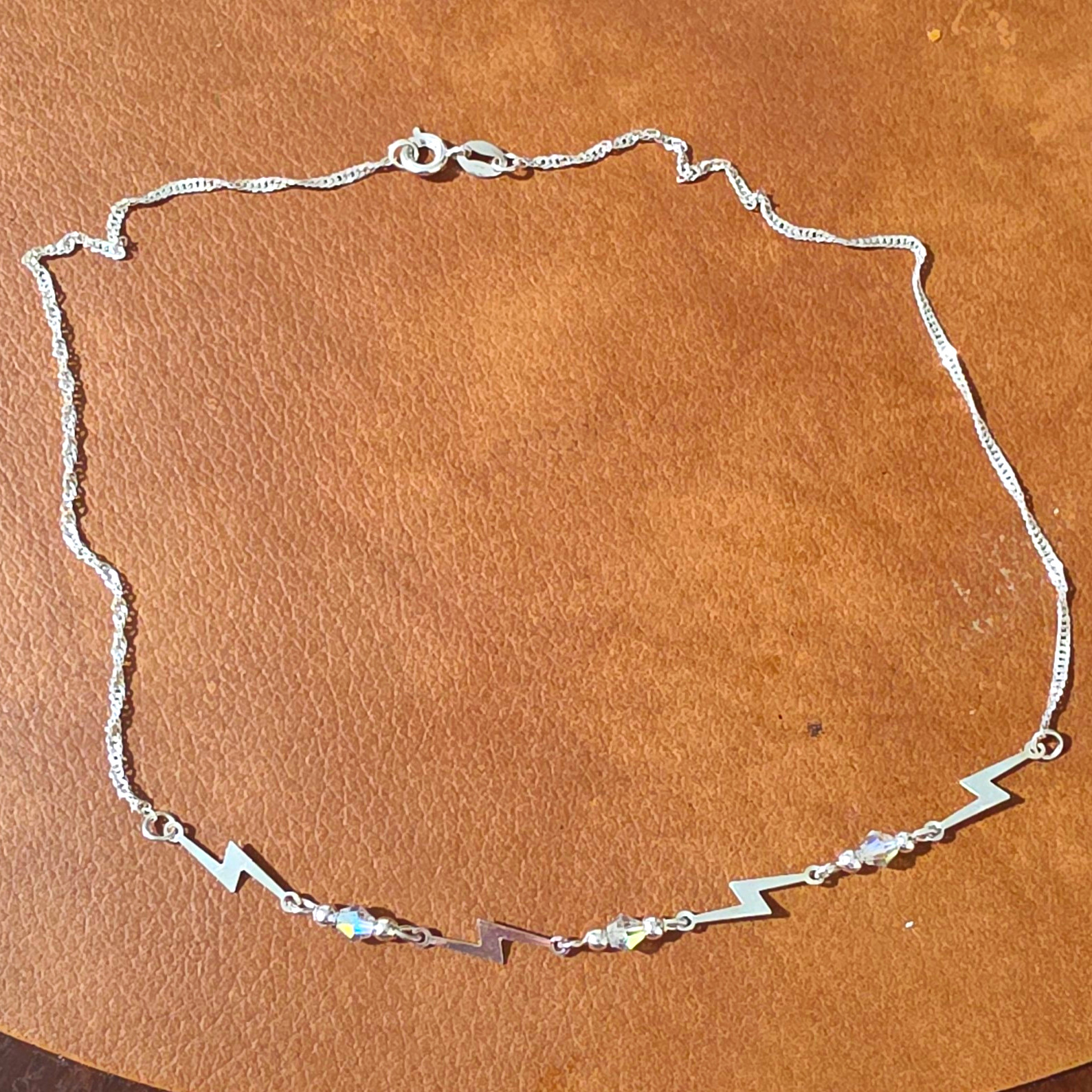Silver Tone Lightning Bolt Crystal Pendant Curb Chain Necklace Lobster Clasp